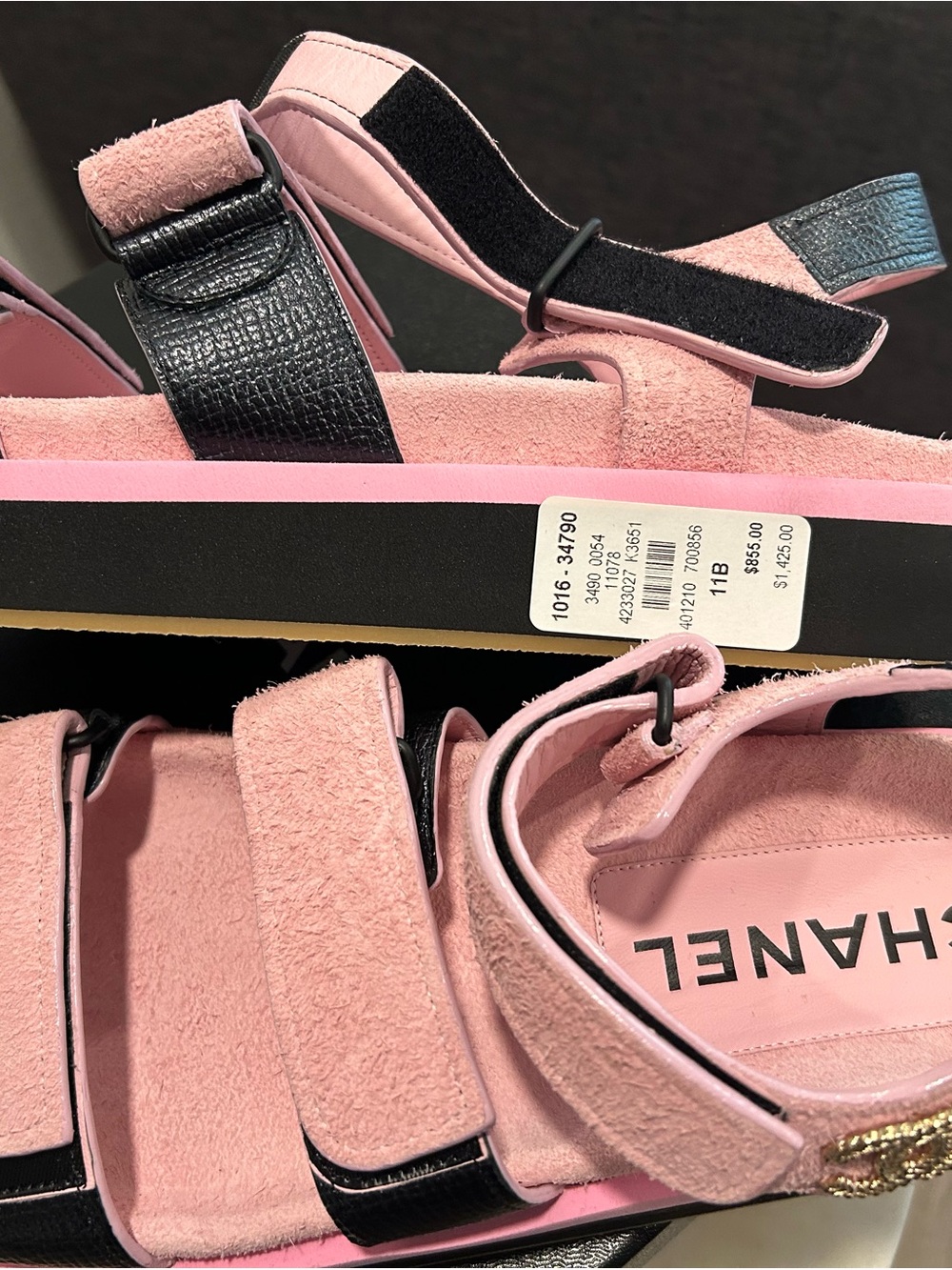 CHANEL Pink Suede Sandals with Black Trim